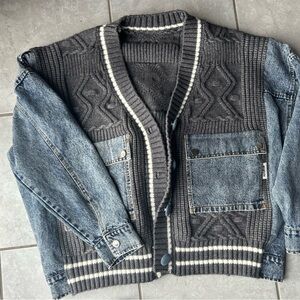 Gray and Blue Cable-Knit Cardigan Sweater